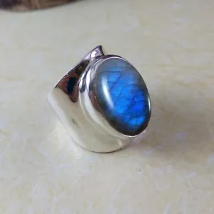 Solid 925 Sterling Silver Natural Labradorite Gemstone Signet Men's Band Ring - Picture 1 of 12
