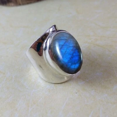 Anillo banda de plata esterlina 925 sólida con sello de piedras preciosas de labradorita natural para hombre Foto 1 de 4
