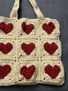 crochet Tote Bag With Red Hearts Handmade - Picture 1 of 3