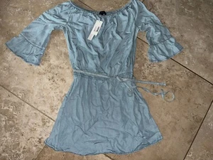 NWT SANCTUARY Chambray BELTED 3/4 Bell Flare Sleeve Julia Tunic Dress Sm $129 - Picture 1 of 3