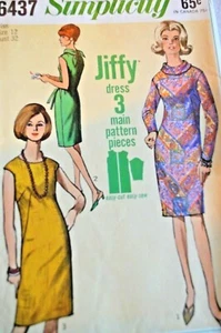 1966 #6437 Uncut Simplicity Jiffy Slim Dress Pattern Size 12 Bust 32 Tie Collar - Picture 1 of 4