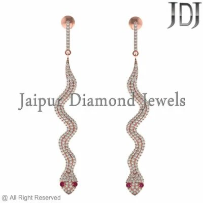 Genuine Pave Setting Diamond Ruby 14k Rose Gold Snake Dangle Earrings Jewelry - Image 1 of 4