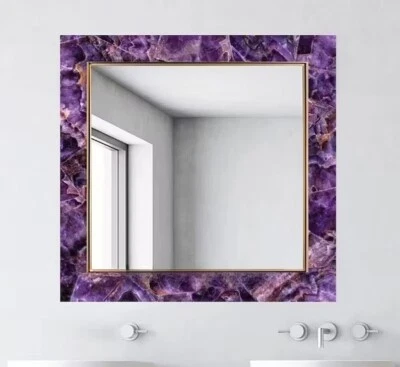 24" Square Shape Amethyst Stone Wall Deco Mirror Bathroom Mirror Gift for Her - Image 1 of 4