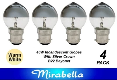 4 x 40W Silver Cap Light Globes Bulbs Lamps B22 Bayonet Cap BC Fancy Round Crown - Image 1 of 4