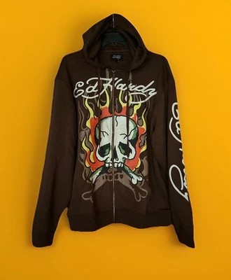 ED HARDY Sweatshirt Zip Hoodie Skull 💀 Flames 🔥 Brown Mens Size Large NWT - Image 1 of 4