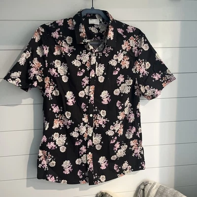 ASOS  Black Floral Button Stretch Cotton Short Sleeve Shirt Sz L - Image 1 of 3