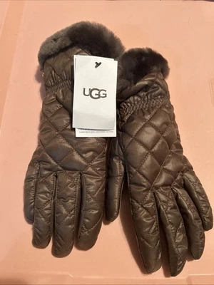 UGG Quilted All Weather Glove w/Leather Palm~Stormy Grey L/XL Fur Cuff~NWT $85 - Image 1 of 4