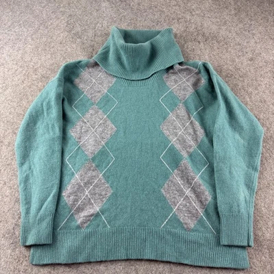 Jersey WoolOvers Mujer Medio Verde Gris 100% Lana Merino Argyle Cuello Alto Foto 1 de 4