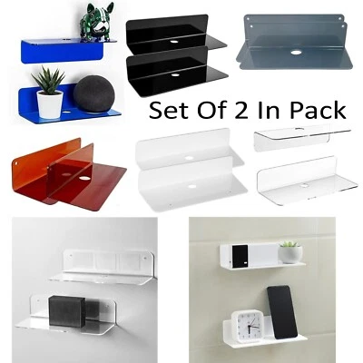 Set of 2 Acrylic Floating Wall Shelves With Cable Clips For Router CDs Picture - Image 1 of 4