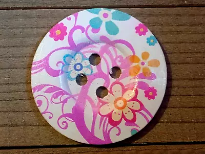 Multicolor Floral Sewing Button Crafting Round Wood 4 Hole 2"  - Image 1 of 2