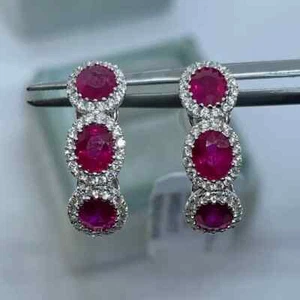 1.80Ct Oval Cut Lab-Created Red Ruby Huggie Hoop Earrings 14K White Gold Plated - Picture 1 of 8