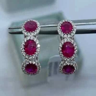 1.80Ct Oval Cut Lab-Created Red Ruby Huggie Hoop Earrings 14K White Gold Plated - Image 1 of 4
