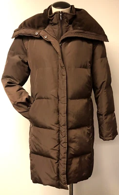ABRIGO ACOLCHADO DE PLUMÓN MARRÓN LIZ CLAIBORNE LONGITUD MEDIA ELEGANTE TERCIOPELO CUELLO ÓPERA TALLA L Foto 1 de 4