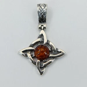 Natural Cognac Brown BALTIC AMBER Celtic Cross Pendant 925 STERLING SILVER #6878 - Picture 1 of 3
