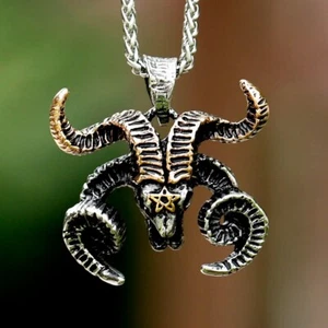 Edelstahl Herren Halskette satanisch Satan Schafskopf Amulett Punk Schmuck - Bild 1 von 5