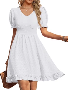 NEW White V Neck Short Sleeve Swiss Dot Mini Dress Pockets S - Picture 1 of 6