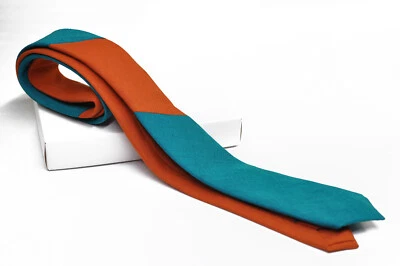 Men Teal Blue + Burnt Orange Dual Color Skinny Linen Hand Made Necktie Neck Tie - Image 1 of 4