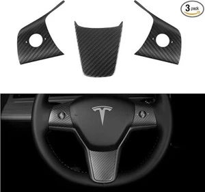 FOR 17-2021 TESLA MODEL 3 & MODEL Y MATT CARBON FIBER STEERING WHEEL TRIM COVERS - Picture 1 of 5