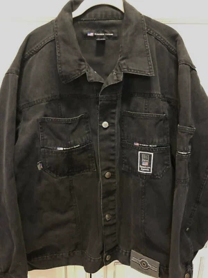Brooklyn Xpress Jean Jacket Size Large Black Logo Buttons Distressed USA Flag  - Image 1 of 4