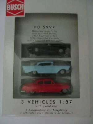 Busch HO 5997 3 Vehicles '52 Cadillac '56 Corvette '57 Bel Air 1:87 New In Box - Image 1 of 2