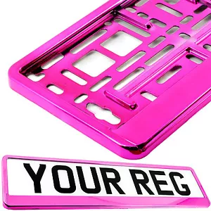 1x SUPER CHROME PINK GLOSS Number Plate Surround Holder FOR ANY CAR VAN TRAILER - Picture 1 of 7