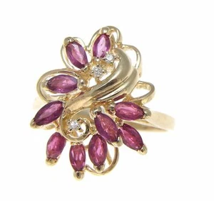 ANILLO DE CÓCTEL DE RUBÍ Y DIAMANTE DE CORTE MARQUESA GENUINO ORO AMARILLO SÓLIDO 14K - Imagen 1 de 5