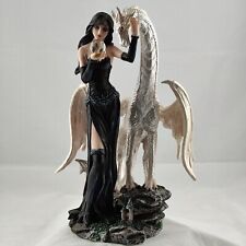 Gothic Black Fairy Holds Clear Crystal Ball w/ White Dragon Statue 10"H Figurine