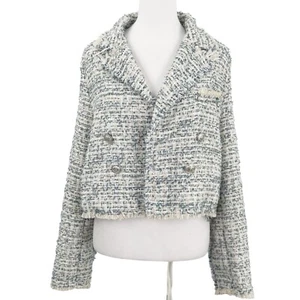 Blazer Fore Taglia X- Large Tweed Bianco Blu Panna con Paillettes Cropped - Foto 1 di 16