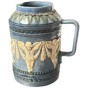 Antique English Doulton Lambeth Silicon Jug Cherub Putti Angels Stoneware Blue - Picture 1 of 12
