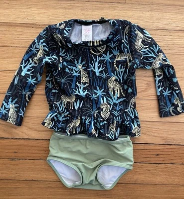 Traje de baño RUFFLEBUTTS Jungle Leopardo Peplum Dos piezas protector contra erupciones 18-24 meses Foto 1 de 4