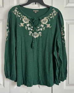 Style & Co Damen Boho Bauern Top groß grün bestickt Ballonärmel Freizeit - Bild 1 von 9