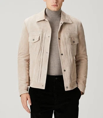 Leather Trucker Jacket for Men White Pure Suede Custom Made Size S M L XXL 3XL - Image 1 of 4