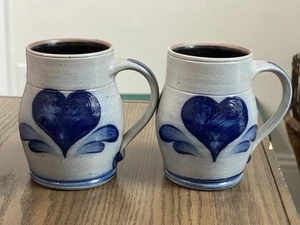 Lot Of 2 Vintage Rowe Pottery Works Salt Glaze Heart Love Mugs 1991 Signed - Picture 1 of 8