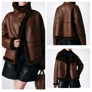 Braune Bomber Lederjacke Damen | Lammfell Shearling Fell Lederjacke - Bild 1 von 6