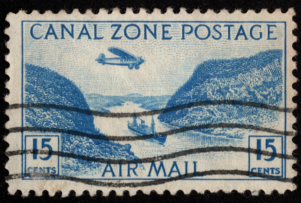 Canal Zone Airmail Stamp Scott # C10 - 15 Cents Blue Airplane Over Gaillard Cut - Image 1 of 1