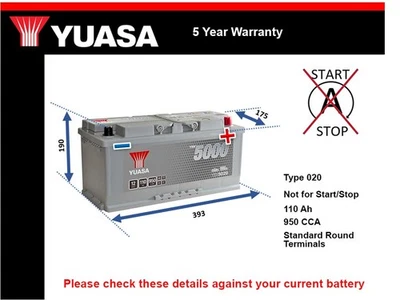 Car Battery YBX5020 Yuasa 020 950A 110Ah 5Yr WTY 393x175x190 Silver High Perf. - Image 1 of 4
