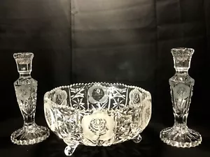 Leonard Cut Crystal Rose Sawtooth Footed Bowl With Matching Candle Sticks Italy - Picture 1 of 4