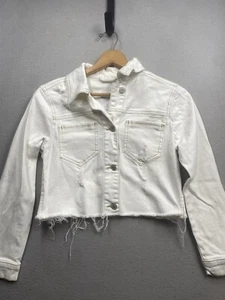 Chaqueta de mezclilla Hollister para mujer blanca talla pequeña recortada desgastada *pequeña mancha* - Imagen 1 de 7
