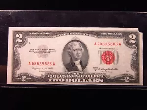 USA $2 1953 B A68635685A # UNITED STATES Note RED Seal Jefferson Dollars Money - Picture 1 of 2