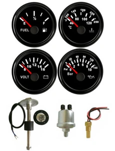 4 Gauge Set with Sender Fuel Gauge Oil Volt Water Temp Black 52mm/2inch 12V/24V  - Picture 1 of 8