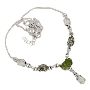 Natural Genuine Czech Moldavite & Herkimer Diamond 925 Silver Necklace SN19049 - Picture 1 of 1