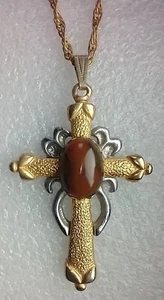 Collar Cruz Cristiana Tono Dorado Plata Piedra Marrón 14 pulgadas - Imagen 1 de 10