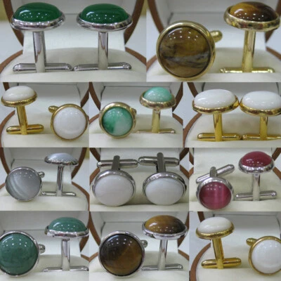 Round Natural Jade Shell Agate Men Cufflinks Shirt Clip Cuff Links Wedding Party - Image 1 of 4