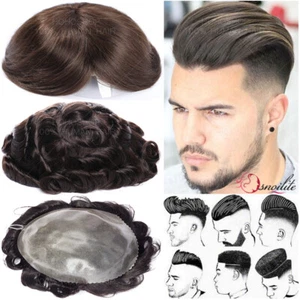 Replacement System French/Swiss Lace PU Toupee Men Remy Human Hair Hairpiece Wig - Picture 1 of 42