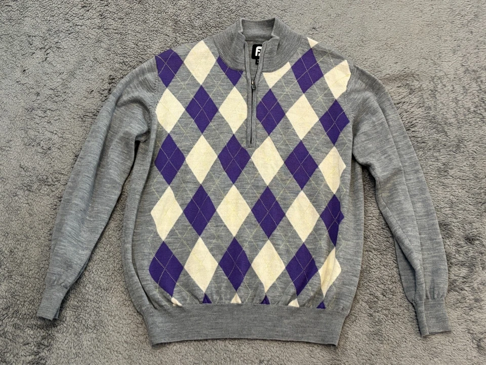 Footjoy FJ 1/4 Zip 100% Wool Sweater Men’s Medium Golf Pullover Sweater Argyle - Image 1 of 4