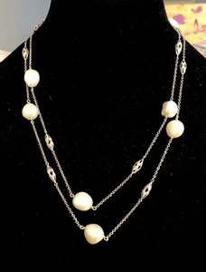 Estate 14K White Gold Art Deco Baroque Pearl Diamond Station Beaded Necklace - Picture 1 of 9