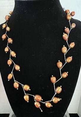 Elegant Copper Color Pearl Shaped Detail Vining Necklace On Silver Tone - Image 1 of 4
