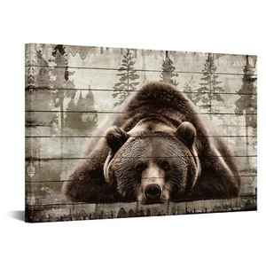 Brown Wall Art Painting Grizzly Bear Prints on Canvas Vintage Forest Wildlife - Picture 1 of 7