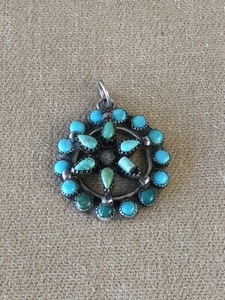 VTG Zuni Petit Point Snake Eyes Green Blue Turquoise Sterling Silver 925 Pendant - Picture 1 of 8