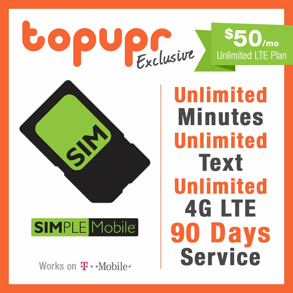 1 2 3 MONTH SIMPLE MOBILE SIM Card $50 PLAN 90 Days Unlmited 4G LTE + Hotspot - Image 1 of 1